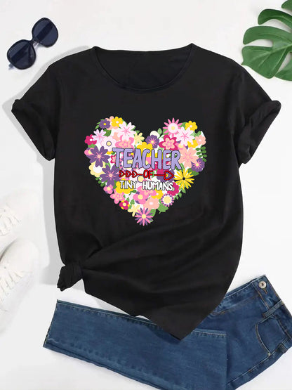 Floral Love Heart Alphabet Print Round Neck T-Shirt, Passionate & Sweet Women's Short Sleeve Tee