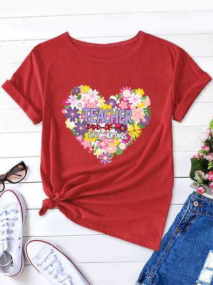 Floral Love Heart Alphabet Print Round Neck T-Shirt, Passionate & Sweet Women's Short Sleeve Tee