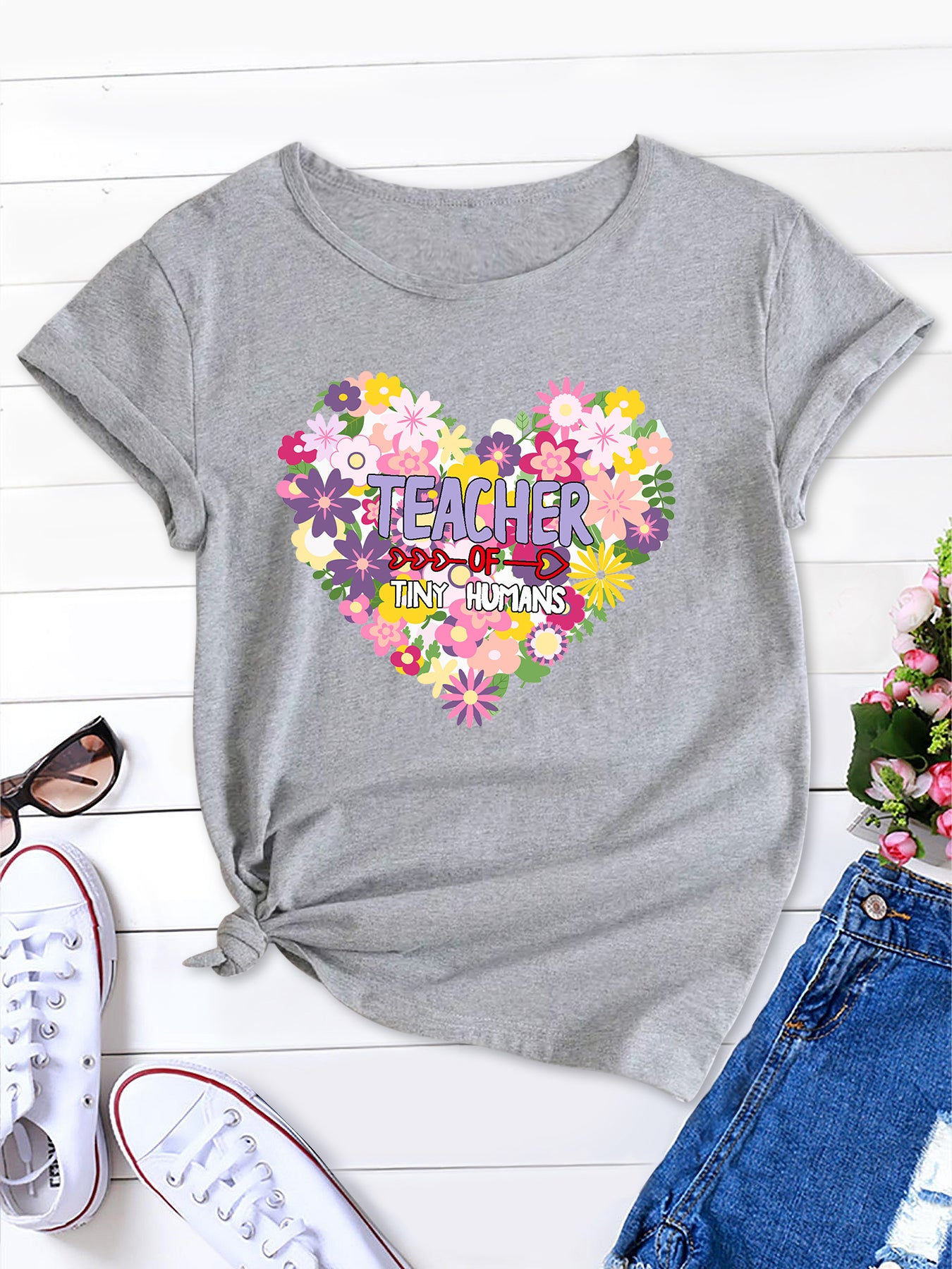 Floral Love Heart Alphabet Print Round Neck T-Shirt, Passionate & Sweet Women's Short Sleeve Tee