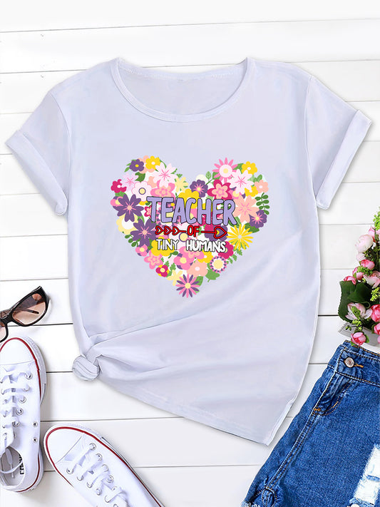 Floral Love Heart Alphabet Print Round Neck T-Shirt, Passionate & Sweet Women's Short Sleeve Tee