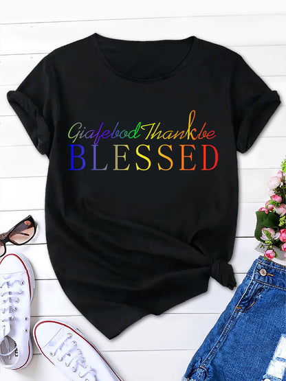 Stylish Round Neck Ombre Letter Tee, Women's Short Sleeve Shirt