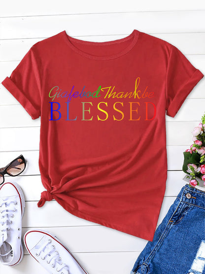 Stylish Round Neck Ombre Letter Tee, Women's Short Sleeve Shirt