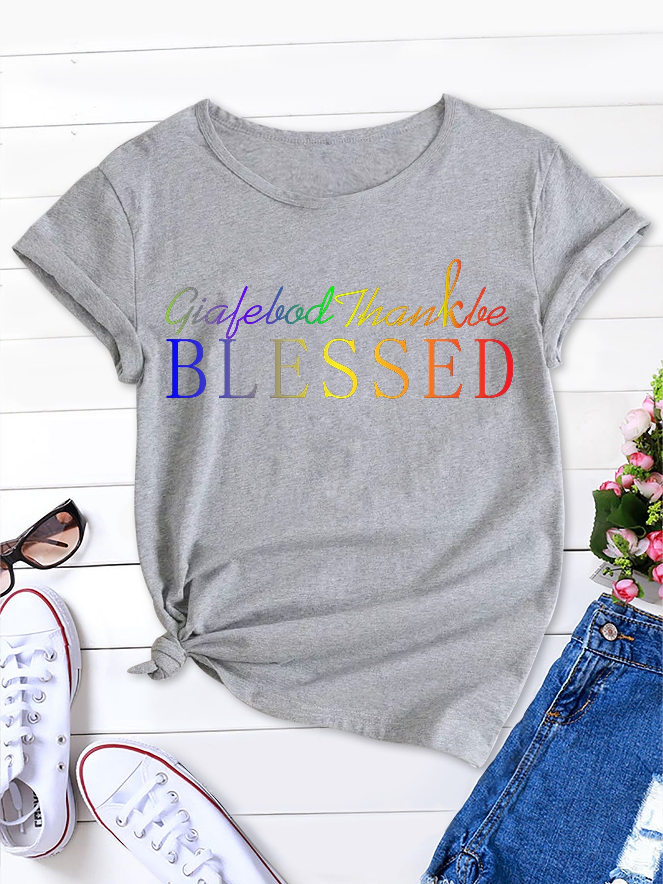 Stylish Round Neck Ombre Letter Tee, Women's Short Sleeve Shirt