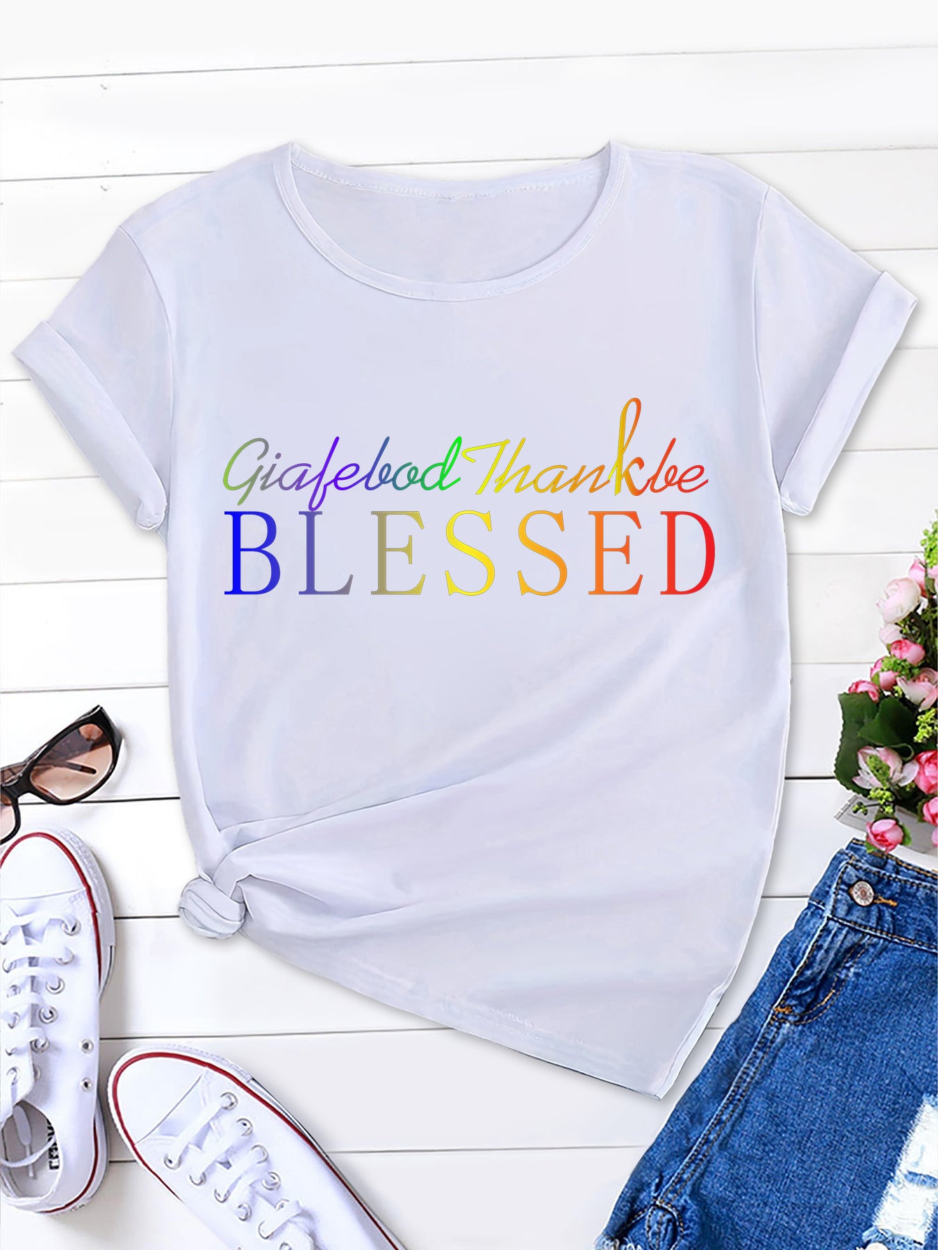 Stylish Round Neck Ombre Letter Tee, Women's Short Sleeve Shirt