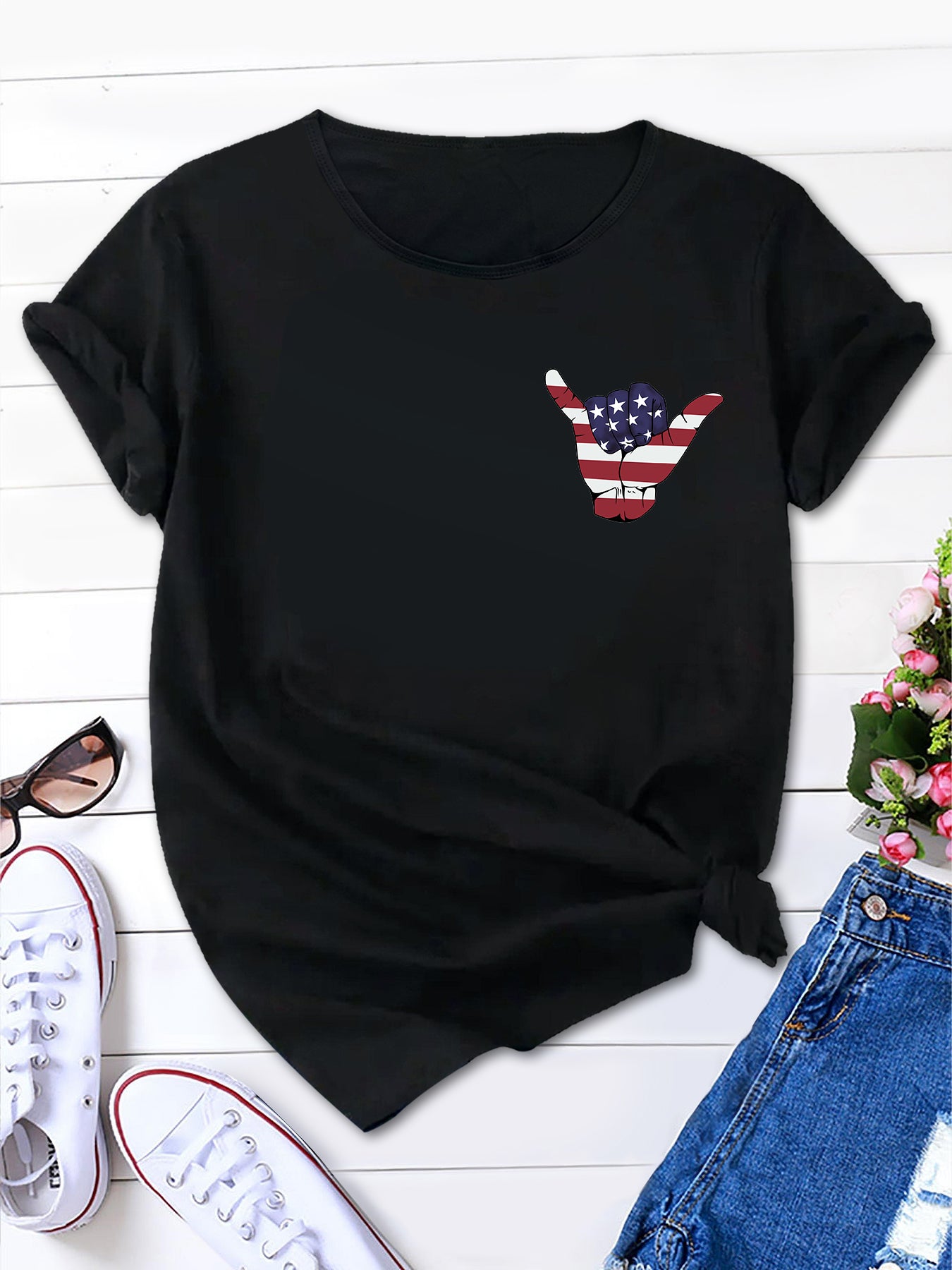 Trendy American Flag Tee, Round Neck Women's Short Sleeve Top