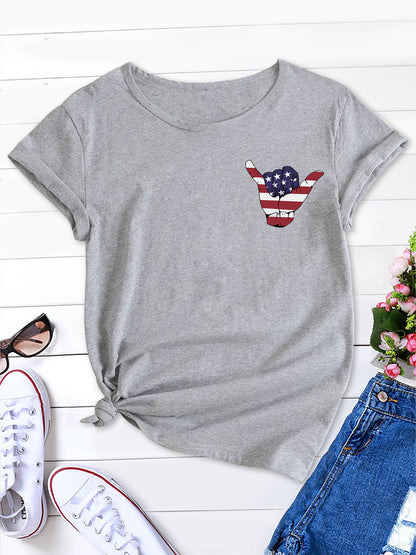 Trendy American Flag Tee, Round Neck Women's Short Sleeve Top