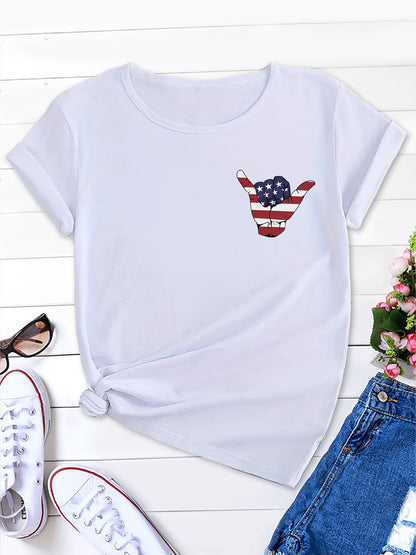 Trendy American Flag Tee, Round Neck Women's Short Sleeve Top