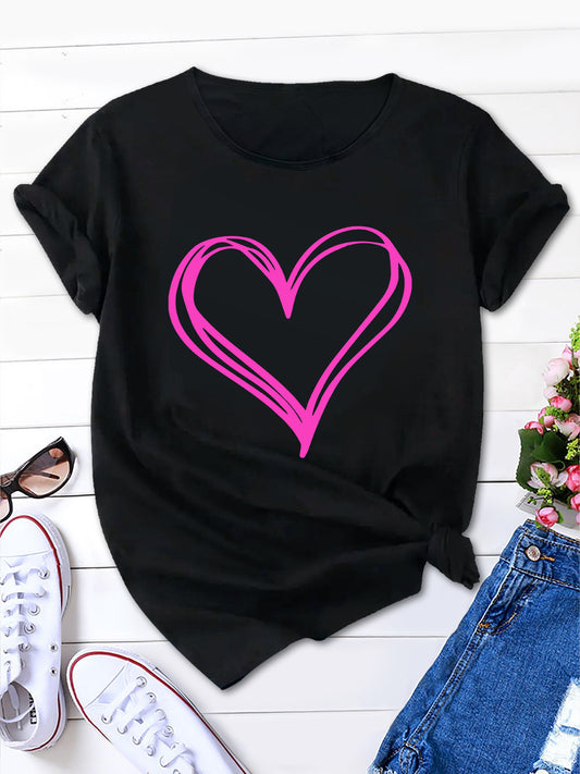 Women's Pink Heart Tee, Round Neck Short Sleeve Summer Shirt