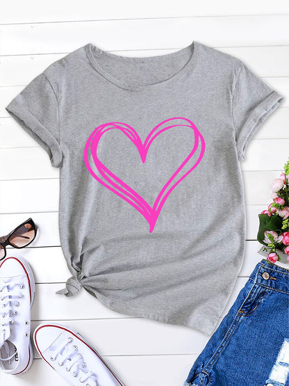 Women's Pink Heart Tee, Round Neck Short Sleeve Summer Shirt