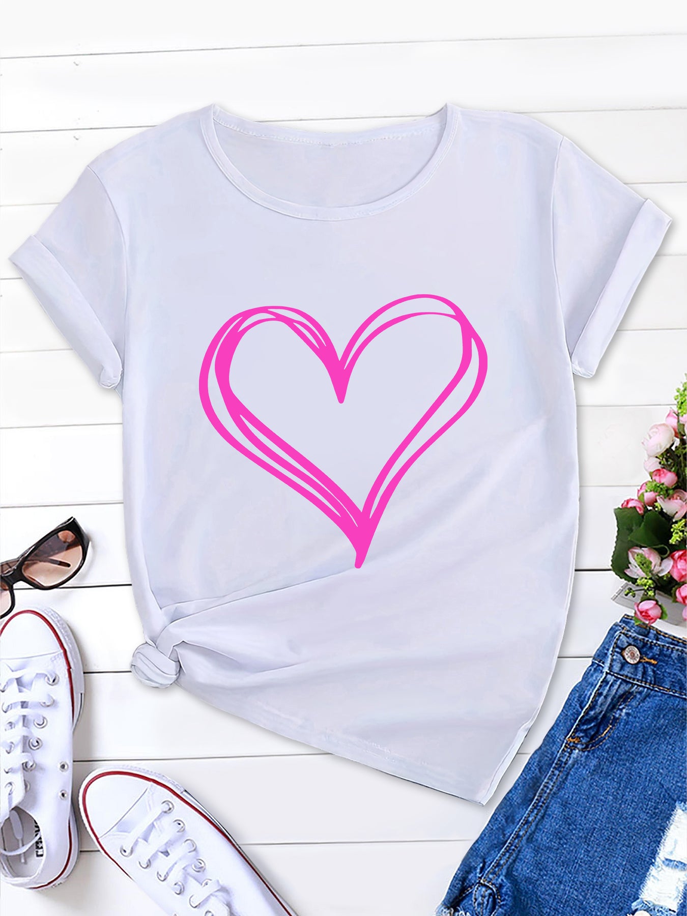 Women's Pink Heart Tee, Round Neck Short Sleeve Summer Shirt