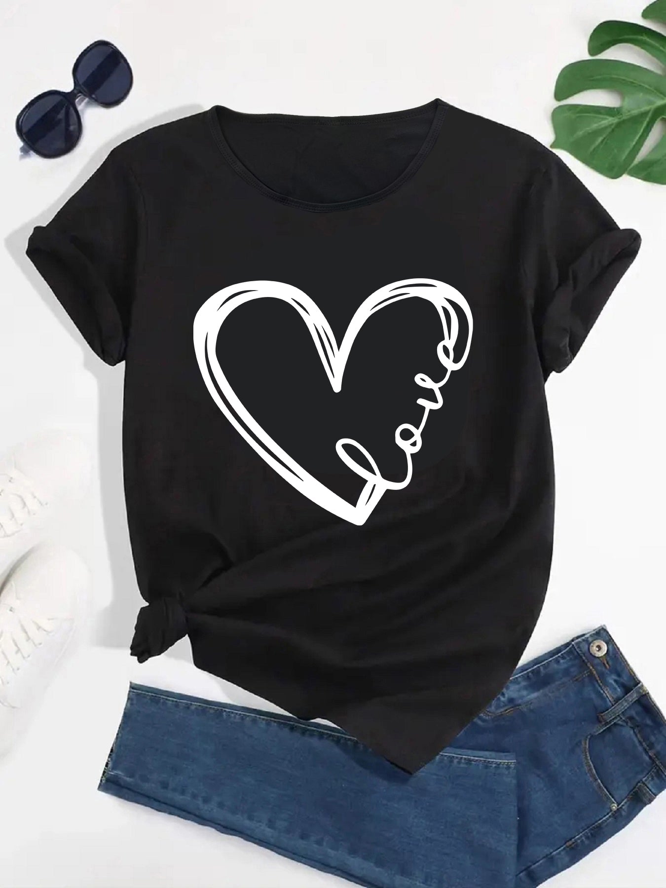 Curved Heart Print Tee, Round Neck, Women's T-Shirt