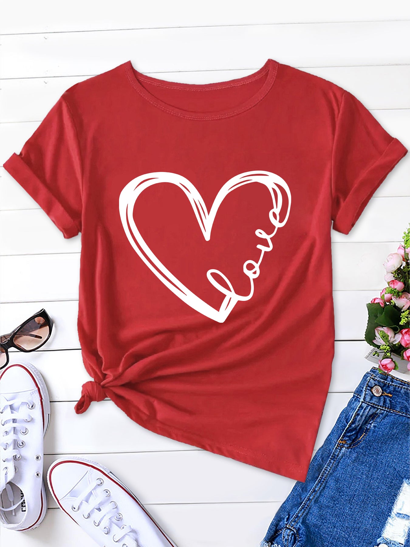 Curved Heart Print Tee, Round Neck, Women's T-Shirt