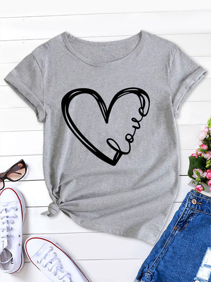 Curved Heart Print Tee, Round Neck, Women's T-Shirt