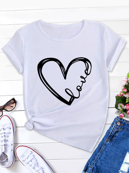 Curved Heart Print Tee, Round Neck, Women's T-Shirt