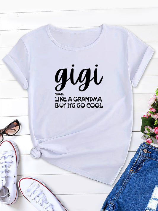 Women's gigi & Letter Print T-Shirt Casual Crew Neck Tee for Spring & Summer