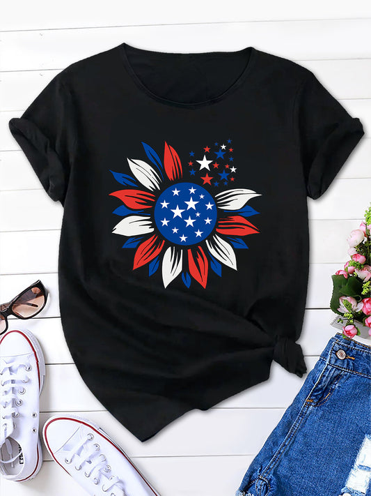 Starry Sunflower Print Tee, Round Neck Women's T-Shirt