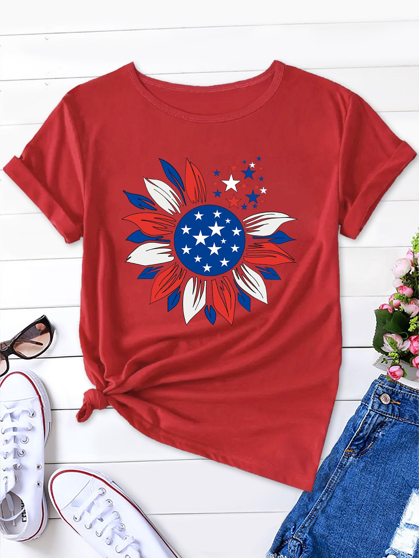 Starry Sunflower Print Tee, Round Neck Women's T-Shirt