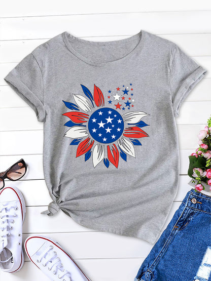 Starry Sunflower Print Tee, Round Neck Women's T-Shirt