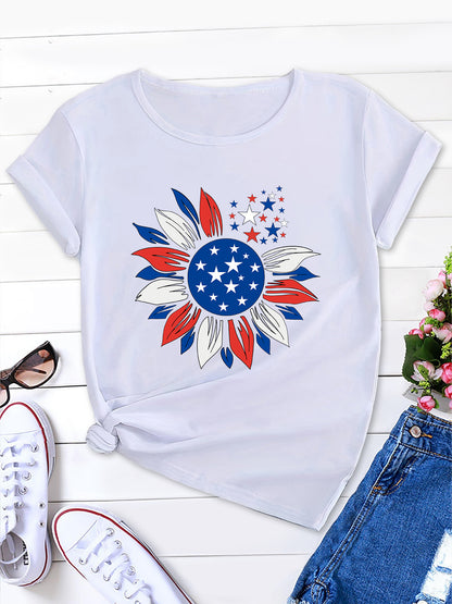 Starry Sunflower Print Tee, Round Neck Women's T-Shirt