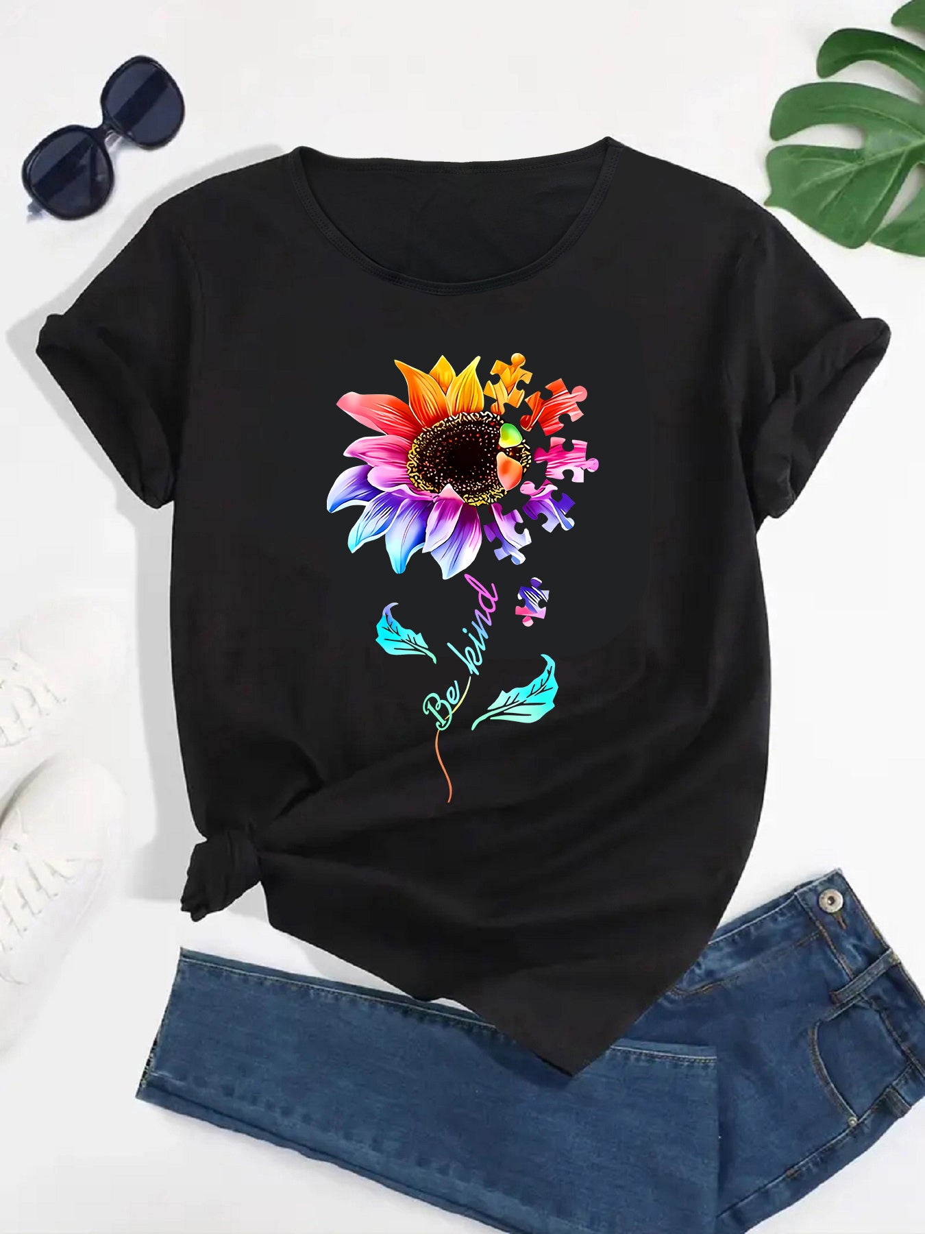 Stylish Gradient Flower Tee, Round Neck Women's Short Sleeve Shirt