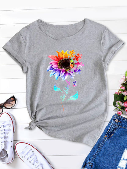 Stylish Gradient Flower Tee, Round Neck Women's Short Sleeve Shirt