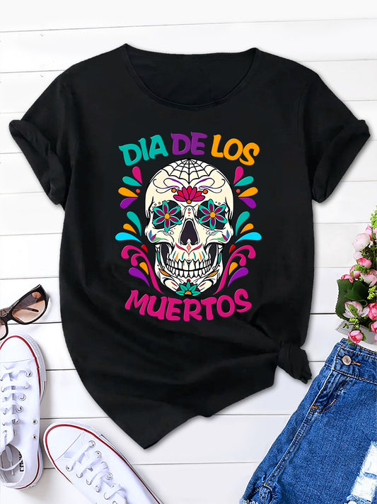 Women's Cartoon Skull Letter Shirt, Round Neck Short Sleeve Summer Tee