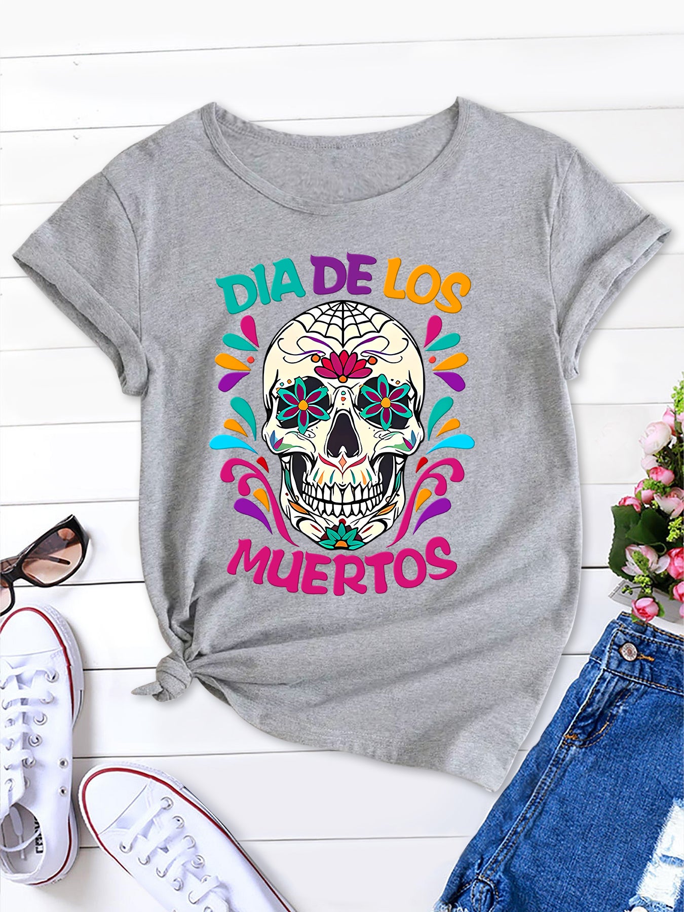 Women's Cartoon Skull Letter Shirt, Round Neck Short Sleeve Summer Tee