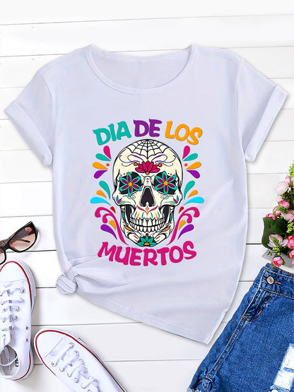 Women's Cartoon Skull Letter Shirt, Round Neck Short Sleeve Summer Tee