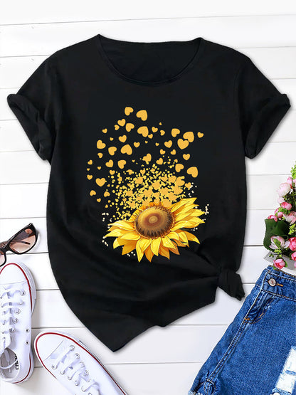 Love and Sunflower Print Crew Neck T-Shirt, Women's Summer Short Sleeve Top