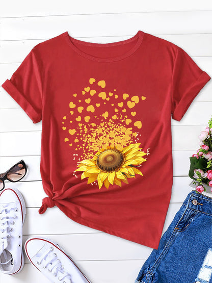 Love and Sunflower Print Crew Neck T-Shirt, Women's Summer Short Sleeve Top