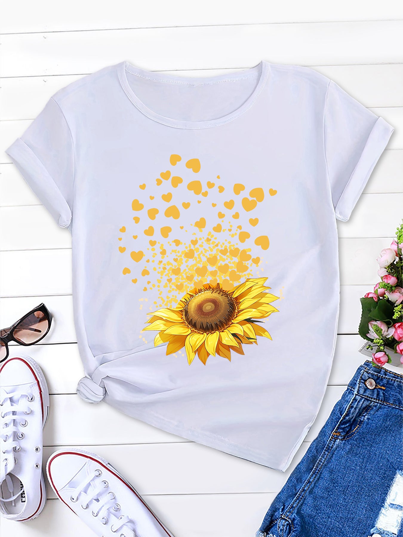 Love and Sunflower Print Crew Neck T-Shirt, Women's Summer Short Sleeve Top