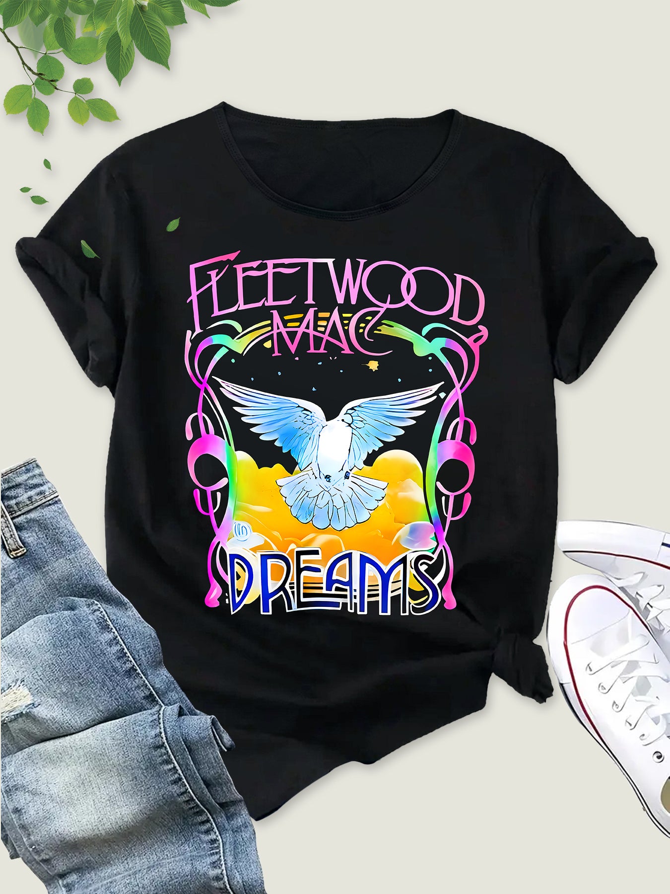 Women's Chic Colorful Guitar Wings Tee, Round Neck T-Shirt