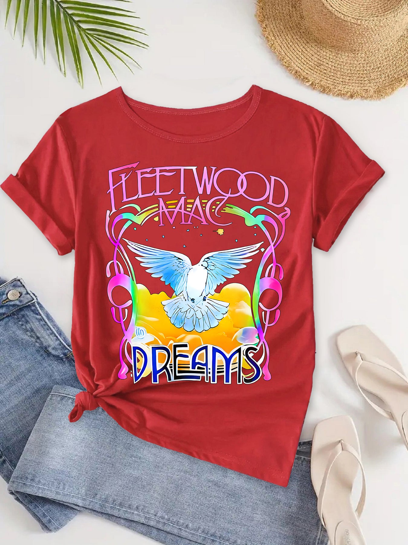 Women's Chic Colorful Guitar Wings Tee, Round Neck T-Shirt