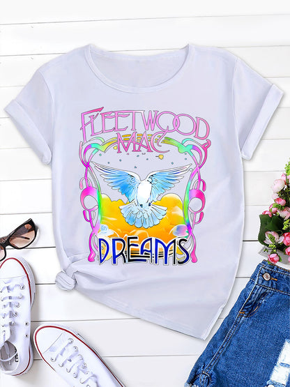 Women's Chic Colorful Guitar Wings Tee, Round Neck T-Shirt