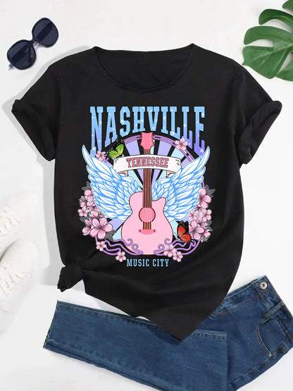 Women's Chic Colorful Guitar Wings Tee, Round Neck T-Shirt