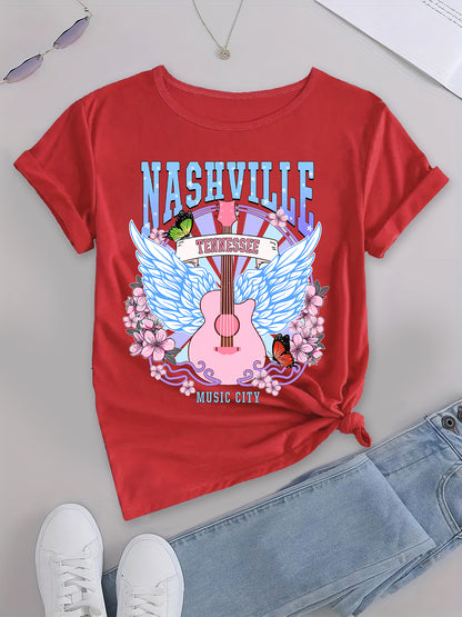 Women's Chic Colorful Guitar Wings Tee, Round Neck T-Shirt