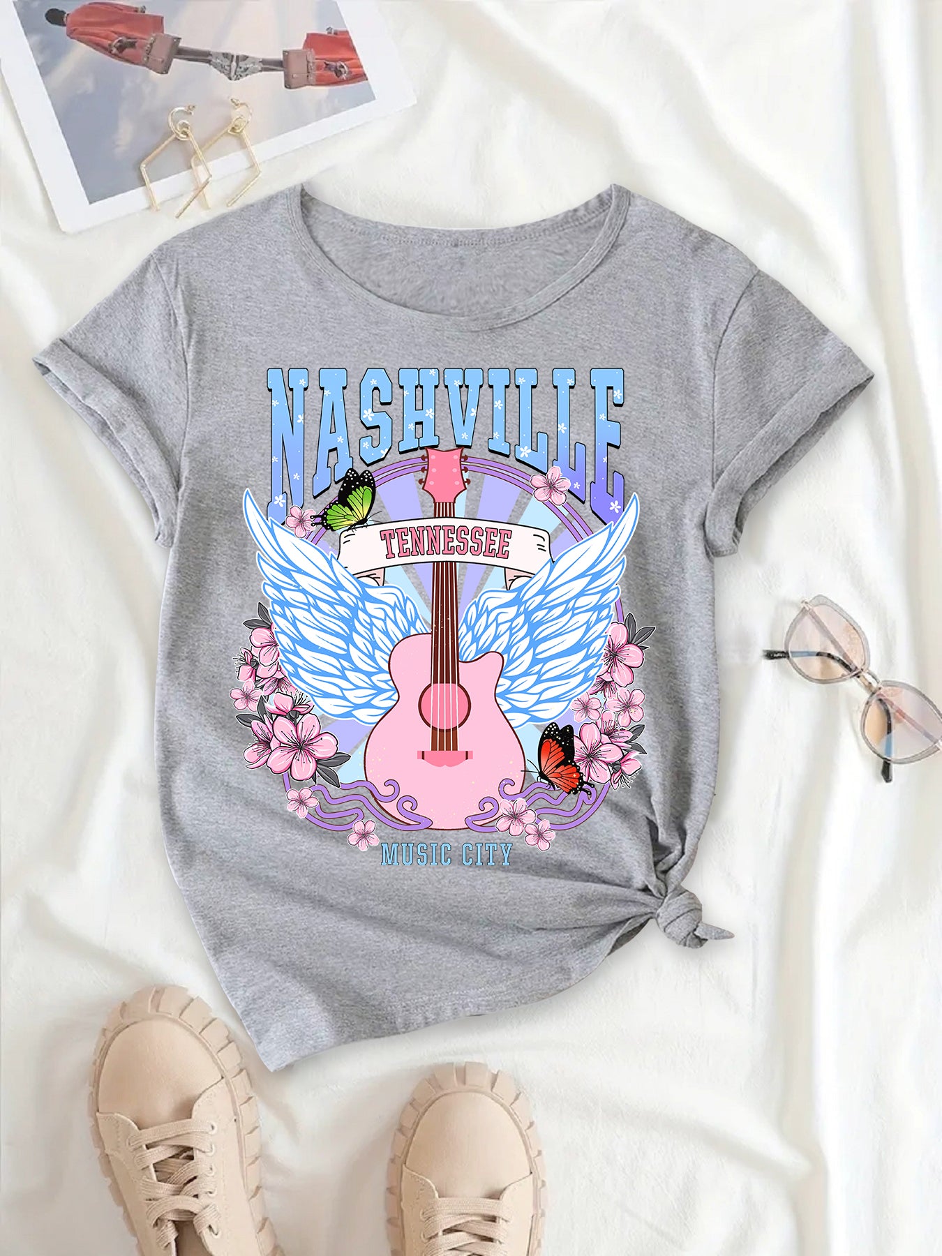 Women's Chic Colorful Guitar Wings Tee, Round Neck T-Shirt