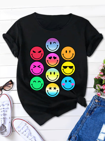 Fun Cartoon Emoticons Tee, Round Neck Women's Short Sleeve T-Shirt