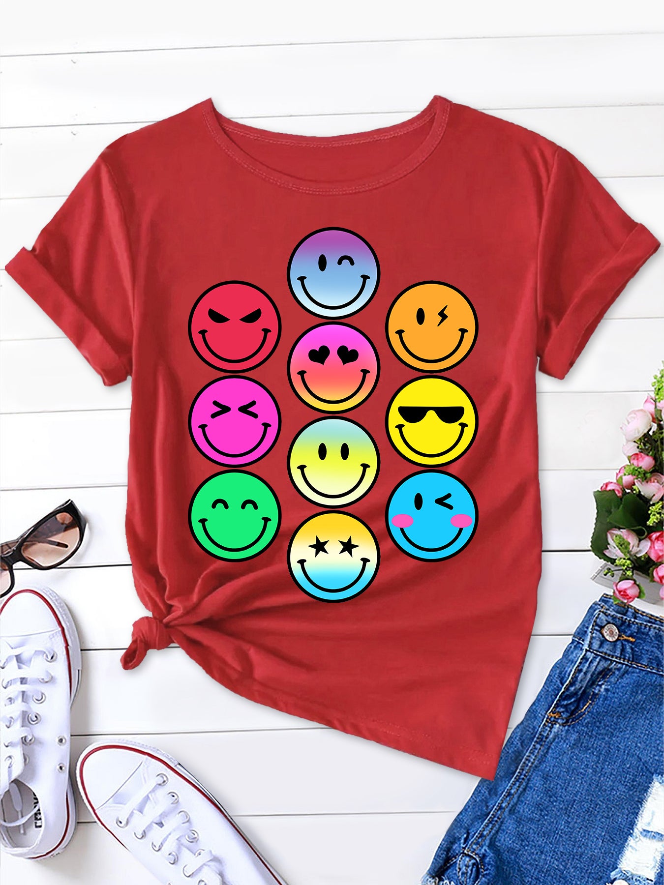 Fun Cartoon Emoticons Tee, Round Neck Women's Short Sleeve T-Shirt