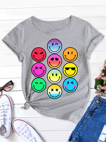 Fun Cartoon Emoticons Tee, Round Neck Women's Short Sleeve T-Shirt