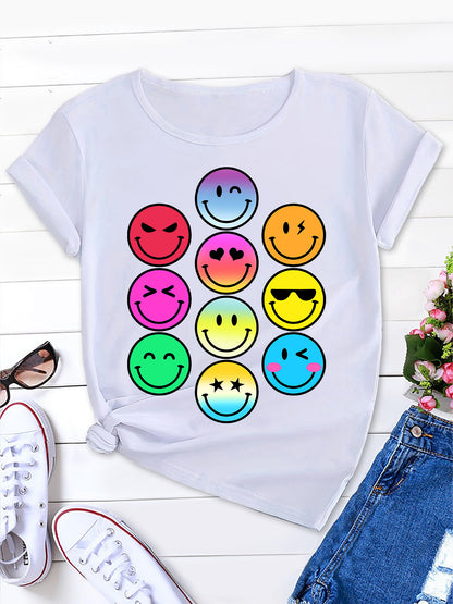 Fun Cartoon Emoticons Tee, Round Neck Women's Short Sleeve T-Shirt