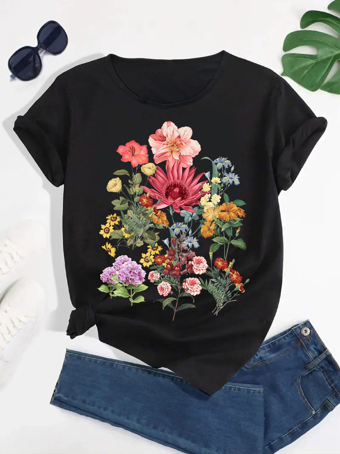 Chic Retro Round Neck Tee with Multiple Flower Patterns, Women's Short Sleeve Top