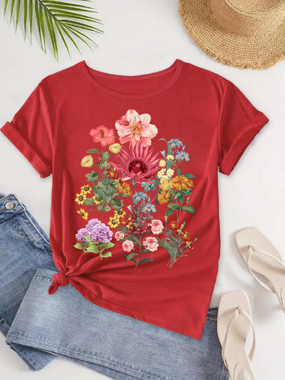 Chic Retro Round Neck Tee with Multiple Flower Patterns, Women's Short Sleeve Top