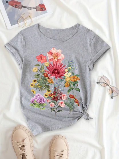 Chic Retro Round Neck Tee with Multiple Flower Patterns, Women's Short Sleeve Top