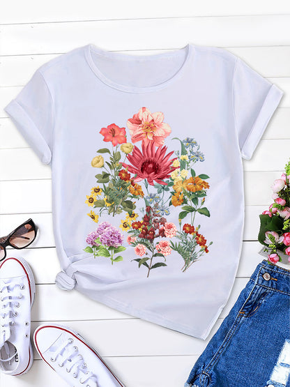 Chic Retro Round Neck Tee with Multiple Flower Patterns, Women's Short Sleeve Top