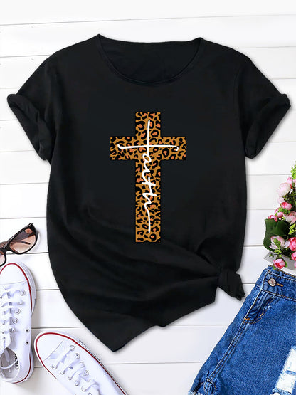 Trendy Cross Pattern Women's Short Sleeve Tee, Round Neck Summer T-Shirt - Fainir