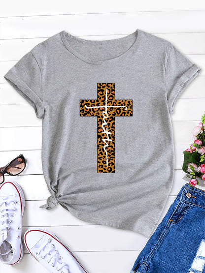 Trendy Cross Pattern Women's Short Sleeve Tee, Round Neck Summer T-Shirt - Fainir