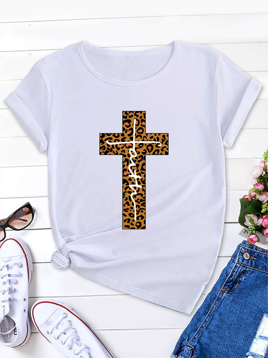 Trendy Cross Pattern Women's Short Sleeve Tee, Round Neck Summer T-Shirt - Fainir