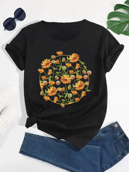 Fresh Floral Daisy Print Round Neck Tee, Women's T-Shirt