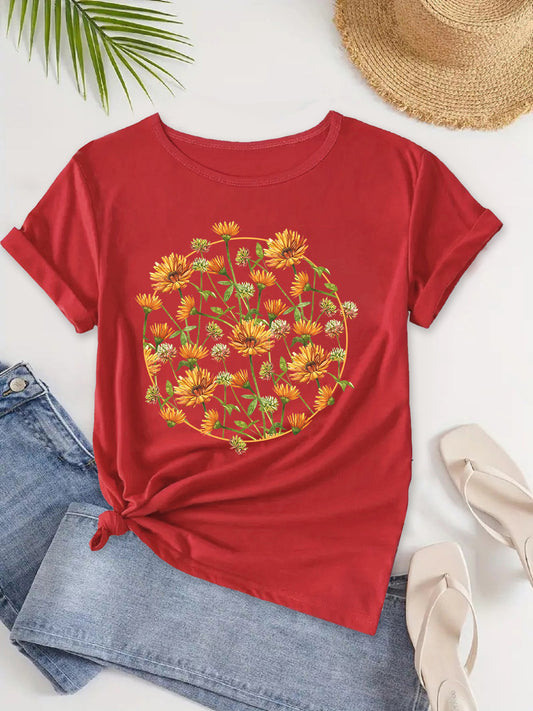 Fresh Floral Daisy Print Round Neck Tee, Women's T-Shirt